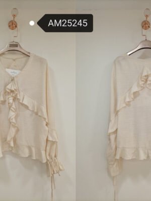 Ruffled Linen-Blend Tie-Front Blouse – Back V-Ruffle Detail | XM Fashion Mfg