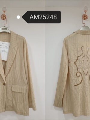 Lace-Insert Striped Linen Blazer – Cutout Back Crochet | XM Fashion Mfg