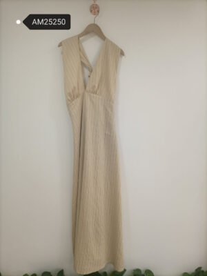 Halter Striped Linen Maxi Dress – Open Back Twist Detail | XM Fashion Mfg