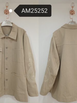 Embroidered Cotton Utility Jacket – Cream Floral Sleeve Embroidery | XM Fashion Mfg