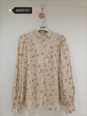 Floral Mock Neck Lace Blouse – Vintage Rose Cotton Crepe | XM Fashion Mfg