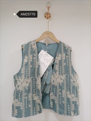 Embroidered Linen Utility Vest – Dusty Blue Green Floral Embroidery | XM Fashion Mfg