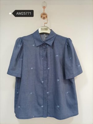 Heart Embroidered Puff Sleeve Shirt – Chambray Blue Cotton Tencel | XM Fashion Mfg