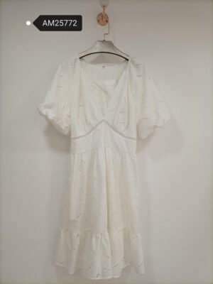 Broderie Anglaise V-Neck Midi Dress – White Eyelet Cotton | XM Fashion Mfg