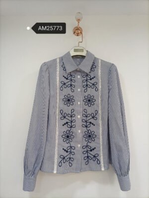 Striped Cotton Blouse – Navy Floral Embroidery & Lace Insert | XM Fashion Mfg