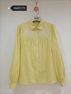 Embroidered Gingham Cotton Blouse – Yellow White Floral Embroidery | XM Fashion Mfg