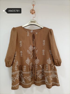 Embroidered Folk Linen Peplum Blouse – Brown Ivory Embroidery | XM Fashion Mfg