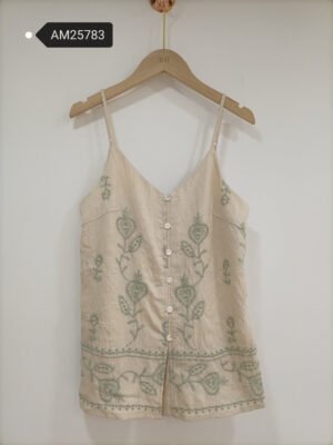 Embroidered Linen Button-Down Cami – Cream Green Embroidery | XM Fashion Mfg