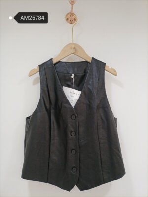 Tailored Vegan Leather Vest – Black PU Button Down | XM Fashion Mfg