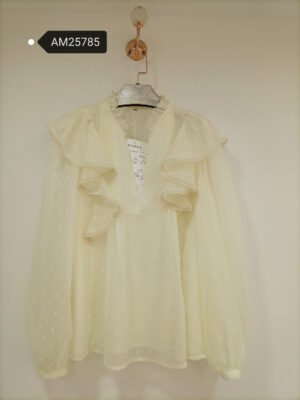 Swiss Dot Ruffled V-Neck Blouse – Cream Ruffle Details | XM Fashion Mfg