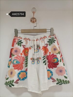Embroidered Floral Linen Shorts – White Multicolor Embroidery | XM Fashion Mfg