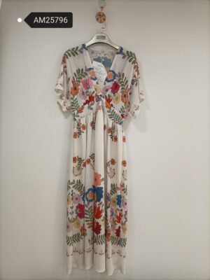 Floral Print V-Neck Maxi Dress – Botanical Tencel-Linen Blend | XM Fashion Mfg