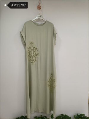 Lace Insertion Column Midi Dress – Sage Green Cotton Silk | XM Fashion Mfg