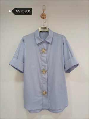 Starfish Embellished Short Sleeve Shirt – Blue Cotton Poplin | XM Fashion Mfg