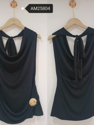 Cowl Neck Backless Halter Top – Silky Black Tencel Blend | XM Fashion Mfg