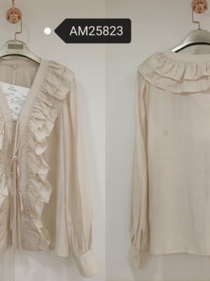 Cascading Ruffle V-Neck Blouse – Cream Sheer Cotton Silk | XM Fashion Mfg