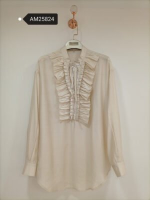 Pleated Ruffle Bib Blouse – Cream Sheer Woven Cotton | XM Fashion Mfg