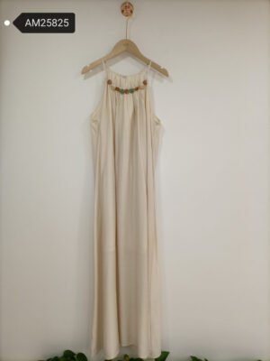 Beaded Neck Halter Maxi Dress – Cream Woven Cotton Tencel | XM Fashion Mfg