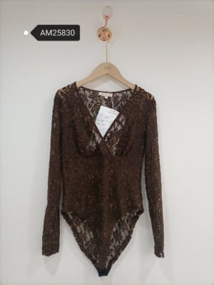 Deep V-Neck Lace Bodysuit – Brown Sheer Floral Lace | XM Fashion Mfg
