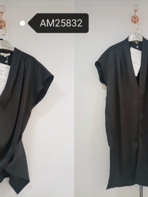 Draped Satin V-Neck Tunic Dress – Charcoal Gray Silky Satin | XM Fashion Mfg