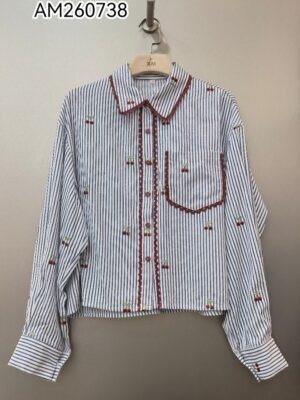 Blue and white striped cropped boxy shirt with pointed collar