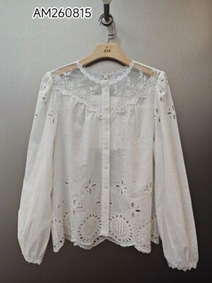 Off-white peasant blouse with broderie anglaise medallion hem and bishop sleeves wholesale