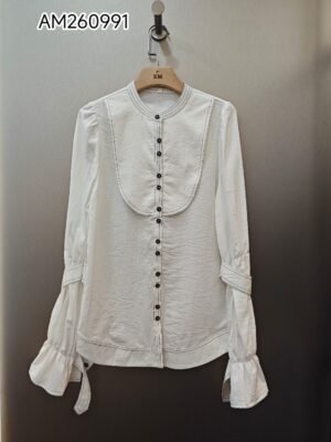 Contrast-Stitched Curved Bib Yoke Blouse in white, front view - SKU AM260991