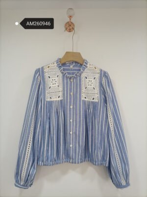 Contrasting White Eyelet Lace Chest Panels Blouse in blue and white, front view - SKU AM260946