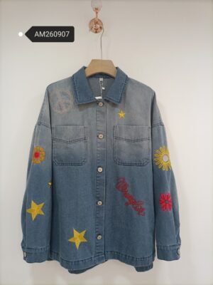 Embroidered Motifs On Gradient Denim Top in ombre blue, front view - SKU AM260907