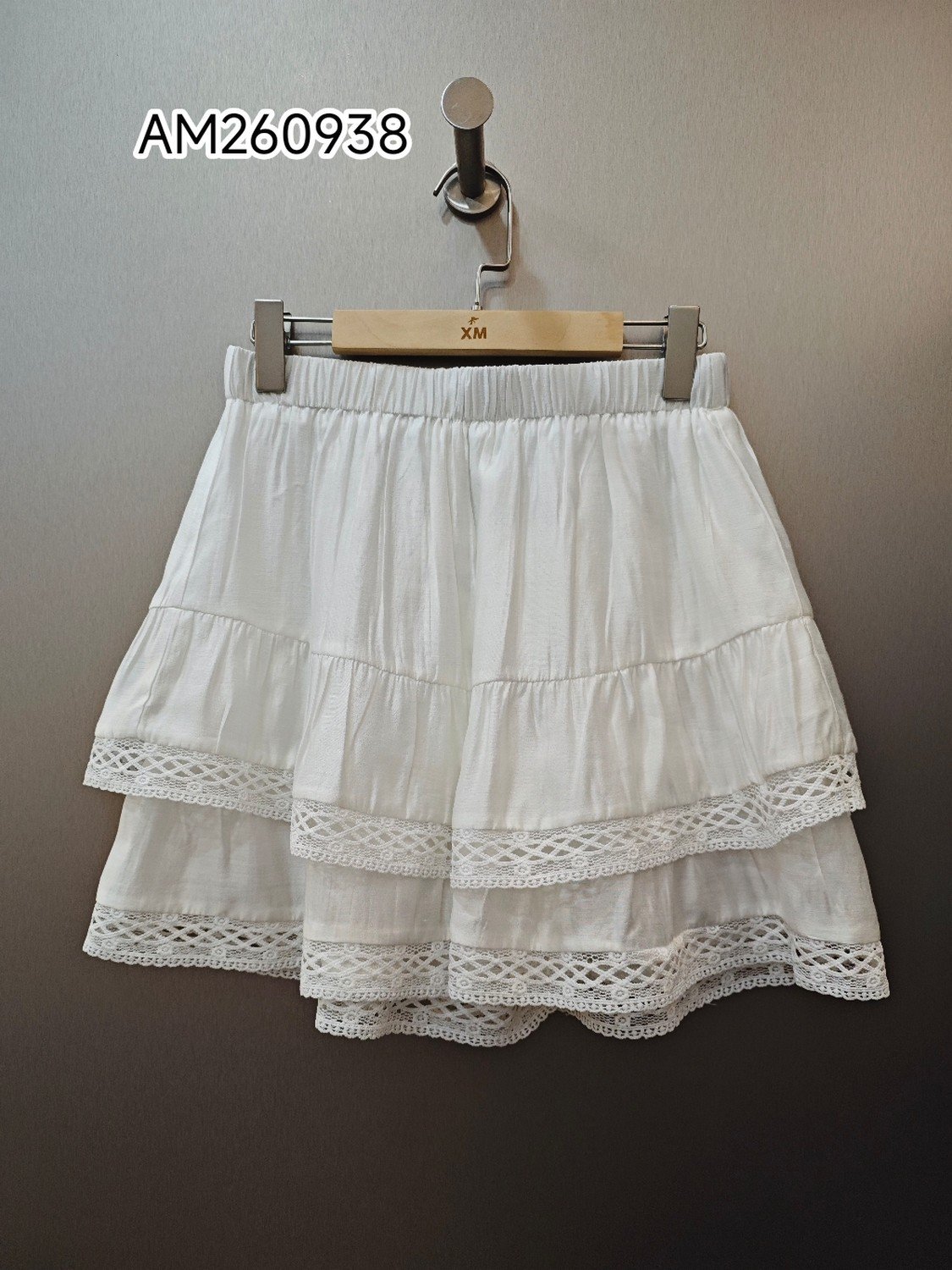 Tiered Lace-Trimmed Hems Skirt in white, front view - SKU AM260938