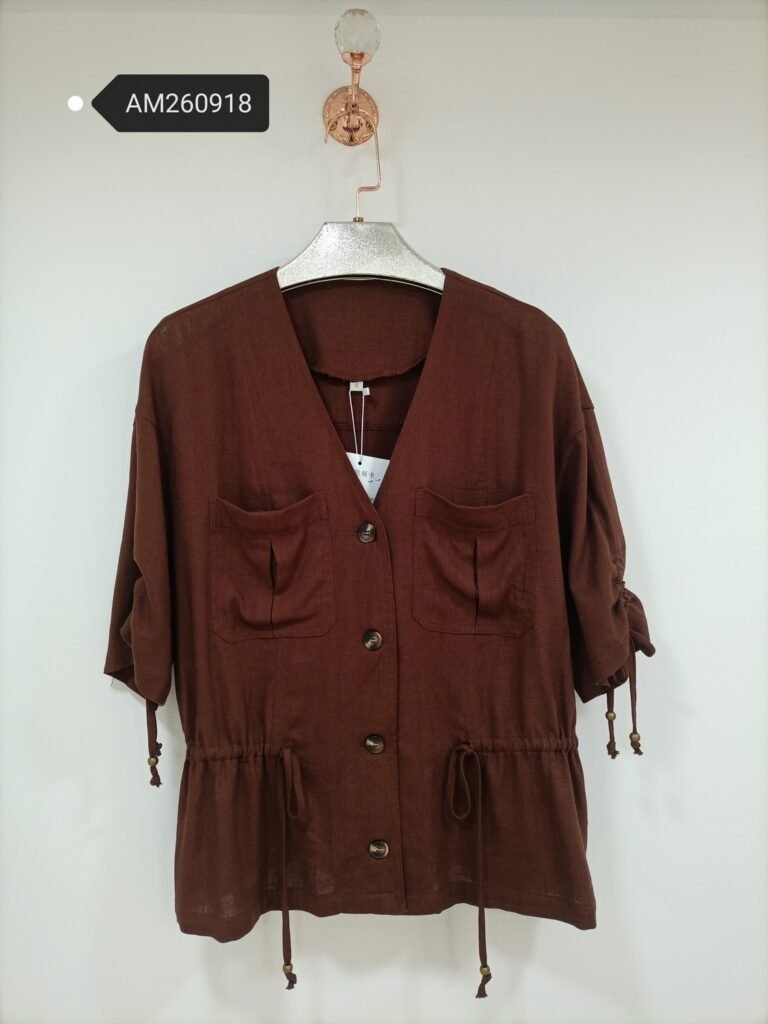 V-Neck Drawstring Waist Blouse in brown, front view - SKU AM260918