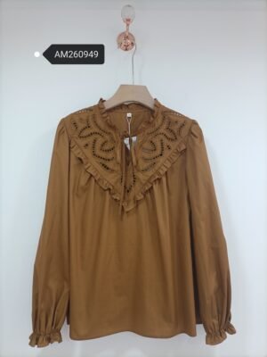 V-Shaped Eyelet Embroidered Yoke With Ruffle Trim Blouse in camel brown, front view - SKU AM260949