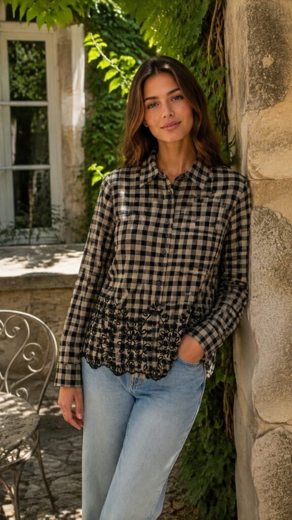 Check Shirt with Floral Hem Detail in black and beige check. Lifestyle model shot showcasing the fit and drape. B2B wholesale Blouses & Tops SKU: AM25374.