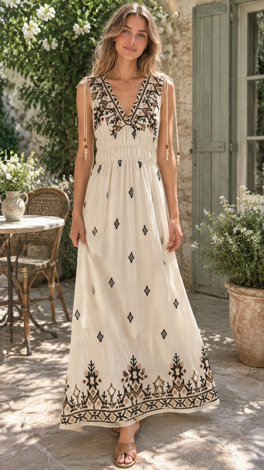 Embroidered Empire Waist Maxi Dress in cream. Lifestyle model shot showcasing the fit and drape. B2B wholesale Dresses SKU: AM260989.
