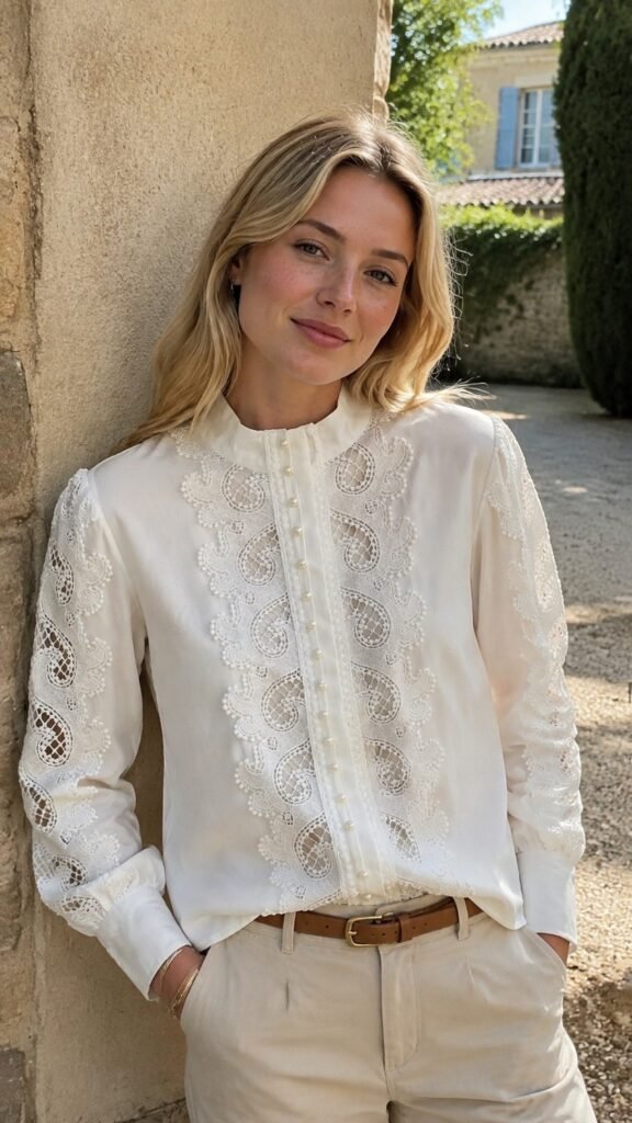Ivory Openwork Front Blouse in ivory white. Lifestyle model shot showcasing the fit and drape. B2B wholesale Blouses & Tops SKU: AM260928.