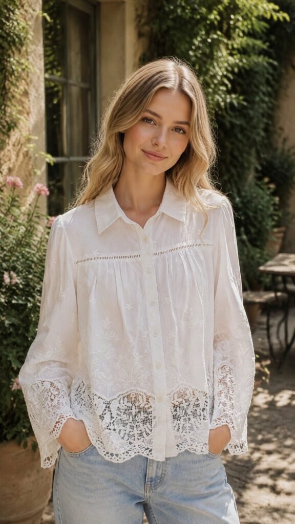 Lace Trim Embroidered Blouse in white. Lifestyle model shot showcasing the fit and drape. B2B wholesale Blouses & Tops SKU: AM260952.