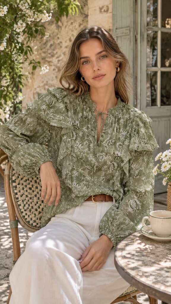 Sage Floral Ruffle Tie Blouse in sage green with white floral pattern. Lifestyle model shot showcasing the fit and drape. B2B wholesale Blouses & Tops SKU: AM25381.