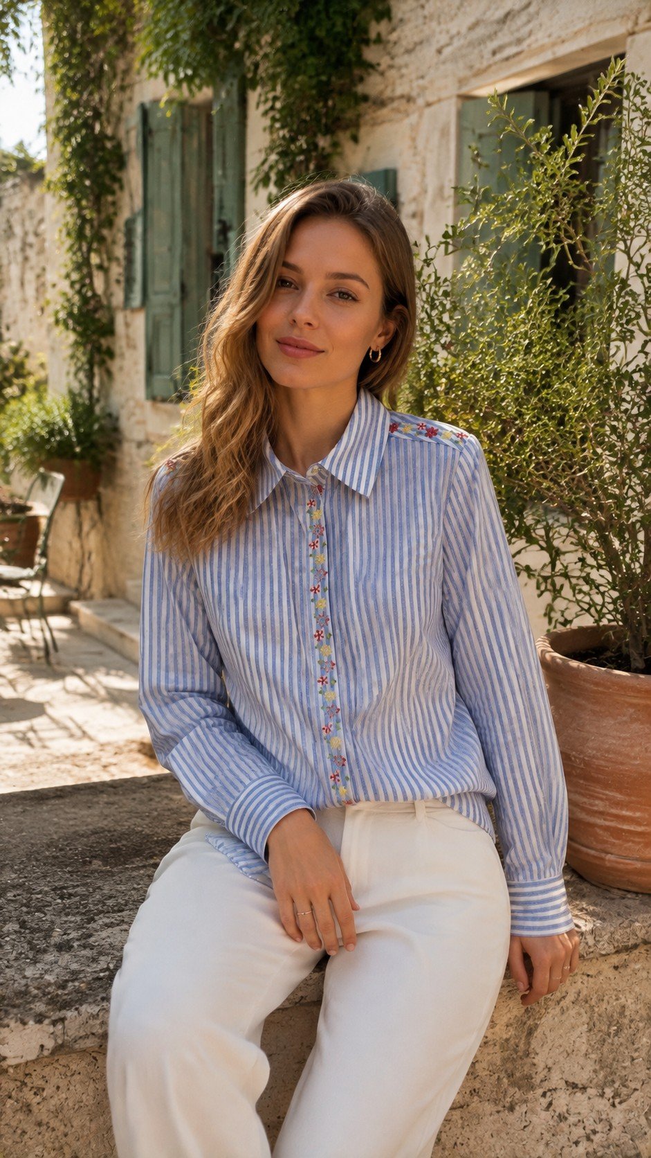 Striped Floral Detail Shirt in light blue and white. Lifestyle model shot showcasing the fit and drape. B2B wholesale Blouses & Tops SKU: AM260953.