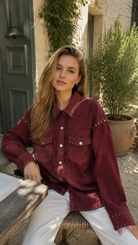 Studded Suede-Effect Shirt Jacket in burgundy. Lifestyle model shot showcasing the fit and drape. B2B wholesale Blouses & Tops SKU: AM260913.