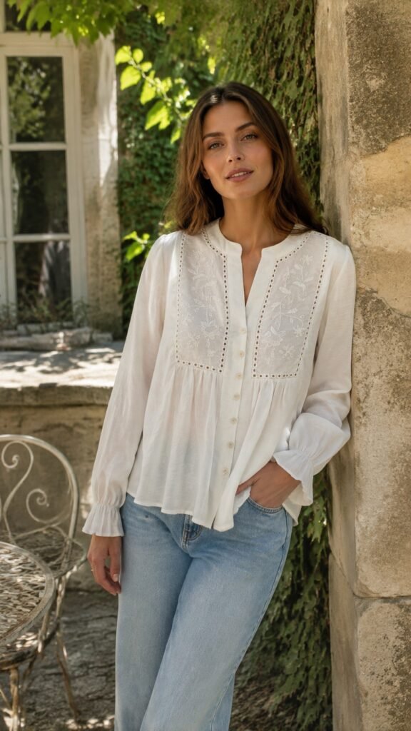 White Floral Panel Gathered Blouse in white. Lifestyle model shot showcasing the fit and drape. B2B wholesale Blouses & Tops SKU: AM25375.